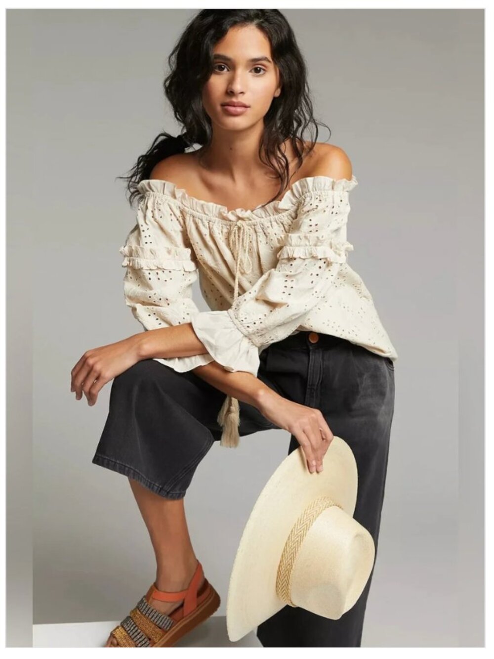 Women's Cream Eyelet Peasant Top - Off-Shoulder Boho Blouse
